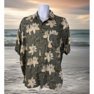 Natural Issue Button Down Shirt Men L Olive Green Floral Rayon Short Sleeve‎